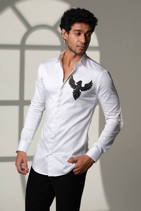 Shop Sanjana Reddy Designs White Cotton Embroidery, Beads 3d Pheonix Bird Shirt Online at Aza Fashions Shop_Sanjana Reddy Designs_White Cotton Embroidery, Beads 3d Pheonix Bird Shirt _Online_at_Aza_Fashions