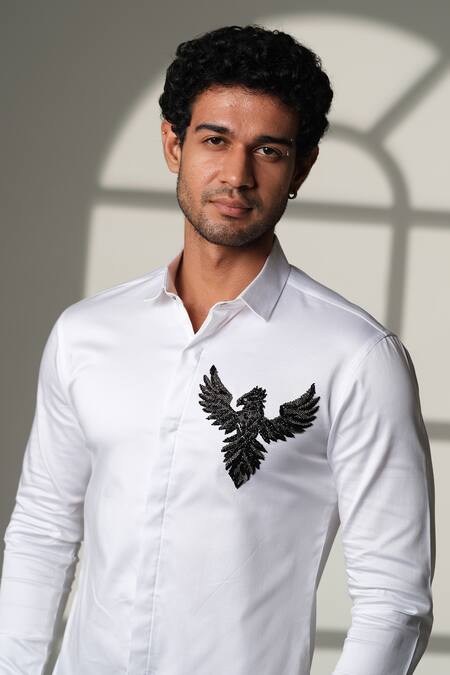 Sanjana Reddy Designs White Cotton Embroidery, Beads 3d Pheonix Bird Shirt at Aza Fashions Sanjana Reddy Designs_White Cotton Embroidery, Beads 3d Pheonix Bird Shirt _at_Aza_Fashions