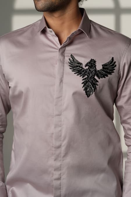 Buy_Sanjana Reddy Designs_Gray Cotton Embroidery, Beads 3d Pheonix Placement Shirt _Online_at_Aza_Fashions