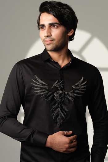 Shop Sanjana Reddy Designs Black Cotton Embroidery 3d Pheonix Bird Shirt Online at Aza Fashions Shop_Sanjana Reddy Designs_Black Cotton Embroidery 3d Pheonix Bird Shirt _Online_at_Aza_Fashions