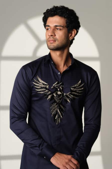 Sanjana Reddy Designs_Blue Cotton Embroidery 3d Pheonix Shirt _Online_at_Aza_Fashions