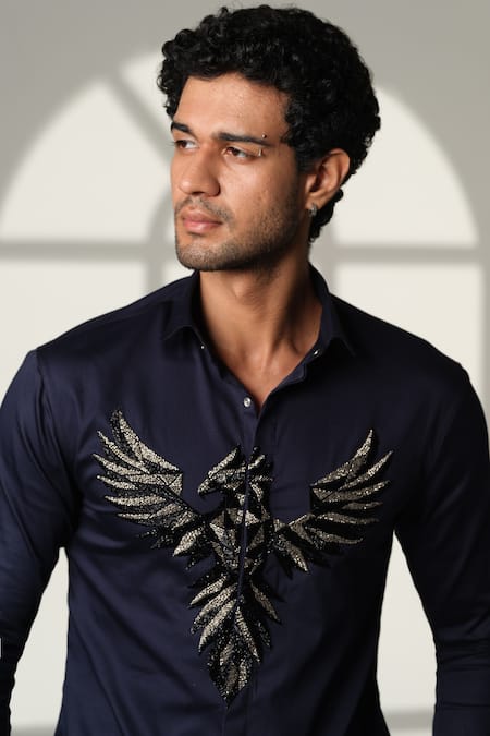 Buy_Sanjana Reddy Designs_Blue Cotton Embroidery 3d Pheonix Shirt _Online_at_Aza_Fashions