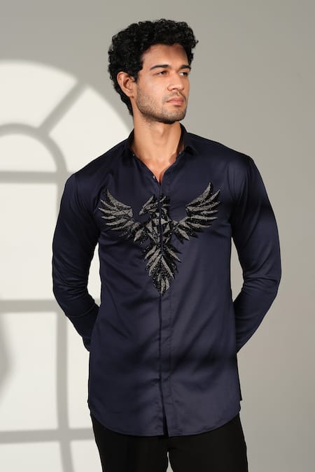 Shop_Sanjana Reddy Designs_Blue Cotton Embroidery 3d Pheonix Shirt _Online_at_Aza_Fashions