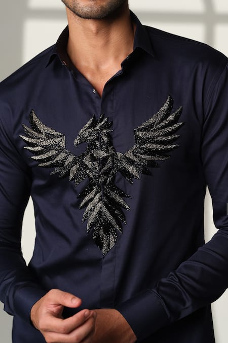 Sanjana Reddy Designs_Blue Cotton Embroidery 3d Pheonix Shirt _at_Aza_Fashions