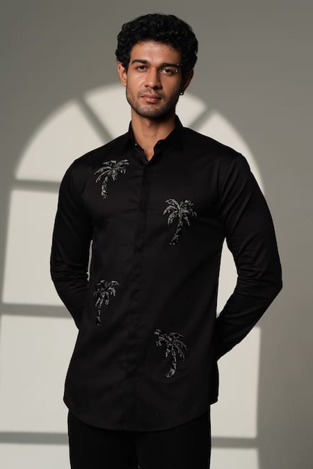 Sanjana Reddy Designs_Black Cotton Embroidery Palm Tree Shirt _Online_at_Aza_Fashions