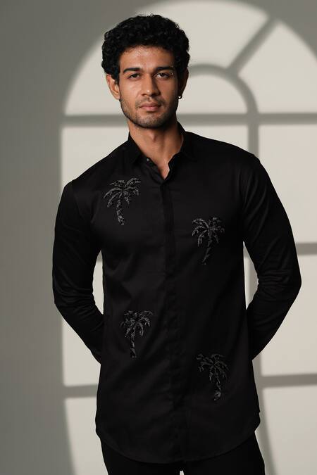 Buy_Sanjana Reddy Designs_Black Cotton Embroidery Palm Tree Shirt _Online_at_Aza_Fashions