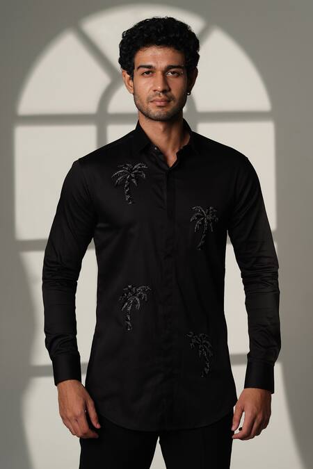 Shop_Sanjana Reddy Designs_Black Cotton Embroidery Palm Tree Shirt _Online_at_Aza_Fashions