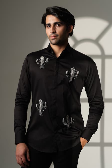Sanjana Reddy Designs_Black Cotton Embroidery Cactus Shirt _Online_at_Aza_Fashions