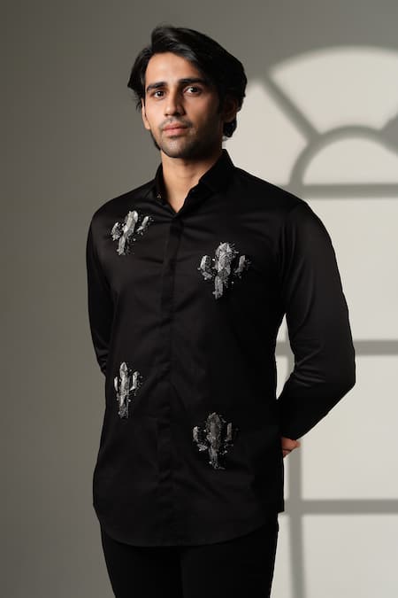 Buy_Sanjana Reddy Designs_Black Cotton Embroidery Cactus Shirt _Online_at_Aza_Fashions