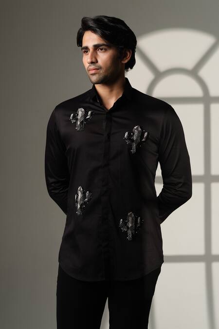 Shop_Sanjana Reddy Designs_Black Cotton Embroidery Cactus Shirt _Online_at_Aza_Fashions