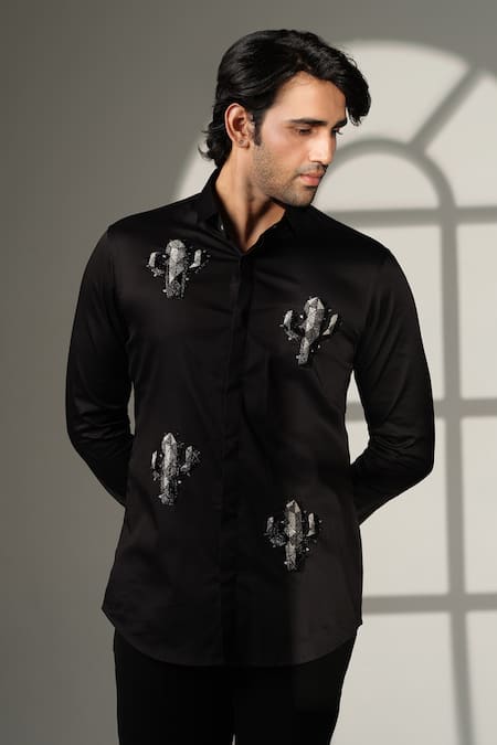 Sanjana Reddy Designs_Black Cotton Embroidery Cactus Shirt _at_Aza_Fashions