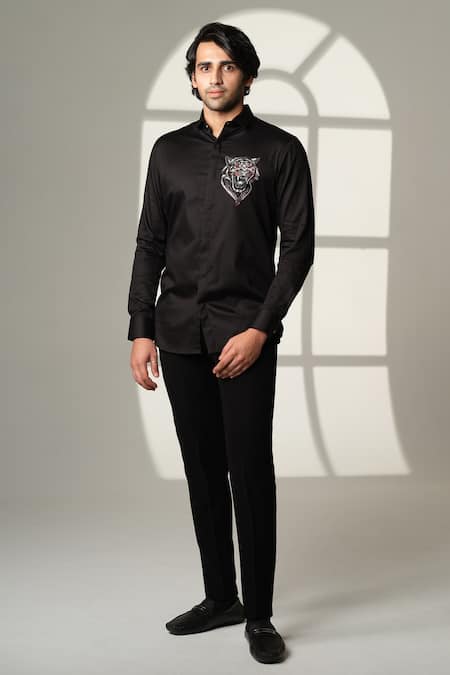 Sanjana Reddy Designs_Black Cotton Embroidery, Beads Roaring Tiger Placement Shirt _Online_at_Aza_Fashions