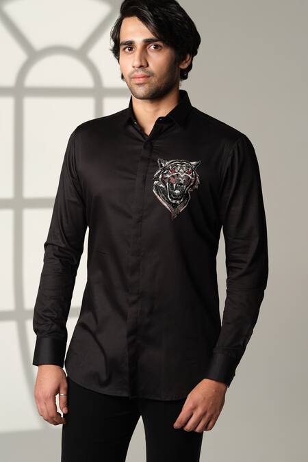 Shop_Sanjana Reddy Designs_Black Cotton Embroidery, Beads Roaring Tiger Placement Shirt _Online_at_Aza_Fashions