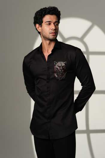 Sanjana Reddy Designs Black Cotton Embroidery, Stones 3d Panther Shirt Online at Aza Fashions Sanjana Reddy Designs_Black Cotton Embroidery, Stones 3d Panther Shirt _Online_at_Aza_Fashions