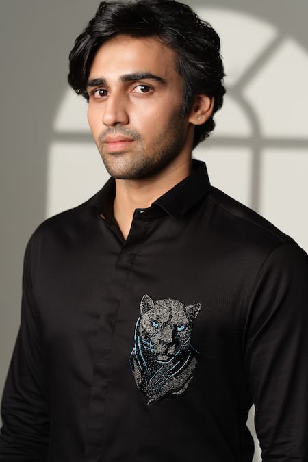 Sanjana Reddy Designs_Black Cotton Embroidery, Beads 3d Panther Placement Shirt _Online_at_Aza_Fashions