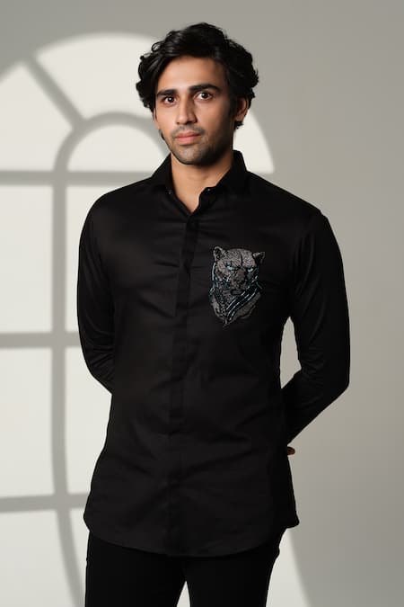 Buy_Sanjana Reddy Designs_Black Cotton Embroidery, Beads 3d Panther Placement Shirt _Online_at_Aza_Fashions
