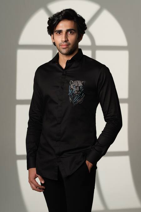 Buy_Sanjana Reddy Designs_Black Cotton Embroidery, Beads 3d Panther Placement Shirt 