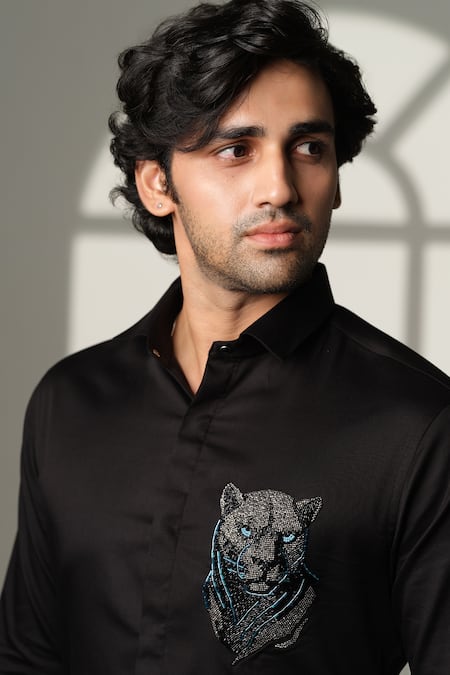 Shop_Sanjana Reddy Designs_Black Cotton Embroidery, Beads 3d Panther Placement Shirt 
