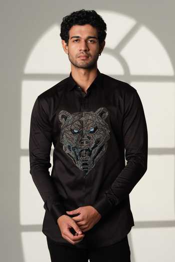 Sanjana Reddy Designs Black Cotton Embroidery Bear Shirt Online at Aza Fashions Sanjana Reddy Designs_Black Cotton Embroidery Bear Shirt _Online_at_Aza_Fashions