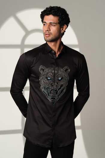 Shop Sanjana Reddy Designs Black Cotton Embroidery Bear Shirt Online at Aza Fashions Shop_Sanjana Reddy Designs_Black Cotton Embroidery Bear Shirt _Online_at_Aza_Fashions