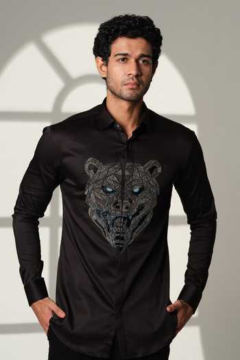 Sanjana Reddy Designs Black Cotton Embroidery Bear Shirt at Aza Fashions Sanjana Reddy Designs_Black Cotton Embroidery Bear Shirt _at_Aza_Fashions