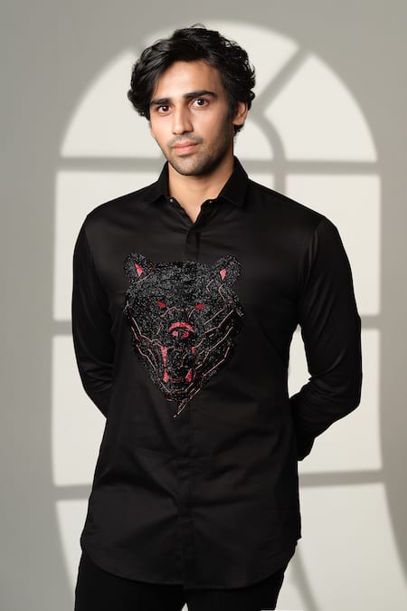Sanjana Reddy Designs_Black Cotton Beads, Embroidery Bear Shirt _Online_at_Aza_Fashions