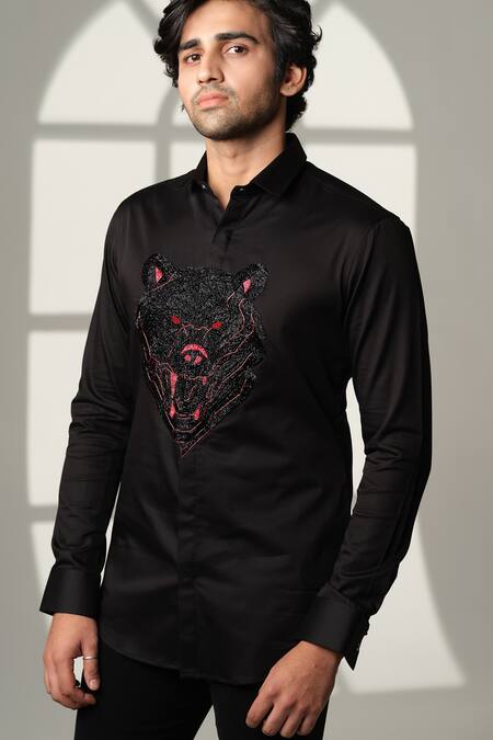 Buy_Sanjana Reddy Designs_Black Cotton Beads, Embroidery Bear Shirt _Online_at_Aza_Fashions