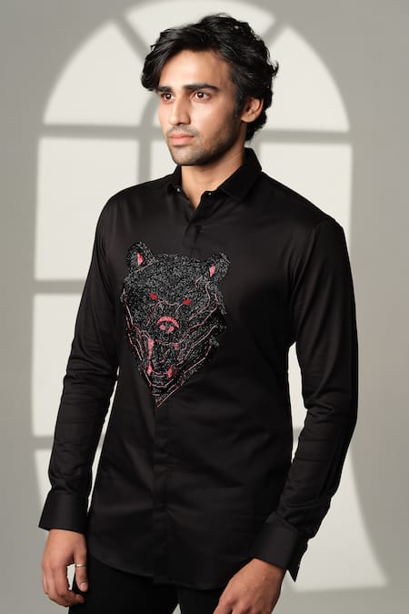 Shop_Sanjana Reddy Designs_Black Cotton Beads, Embroidery Bear Shirt _Online_at_Aza_Fashions