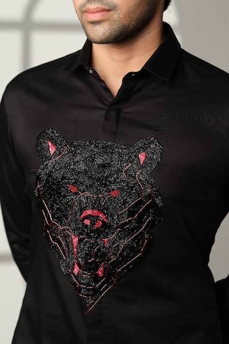 Sanjana Reddy Designs_Black Cotton Beads, Embroidery Bear Shirt _at_Aza_Fashions