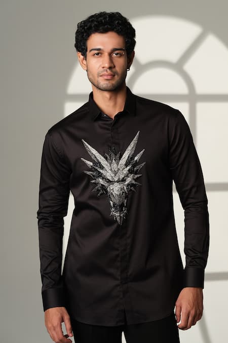 Sanjana Reddy Designs Black Cotton Embroidery Monster Placement Shirt Online at Aza Fashions Sanjana Reddy Designs_Black Cotton Embroidery Monster Placement Shirt _Online_at_Aza_Fashions