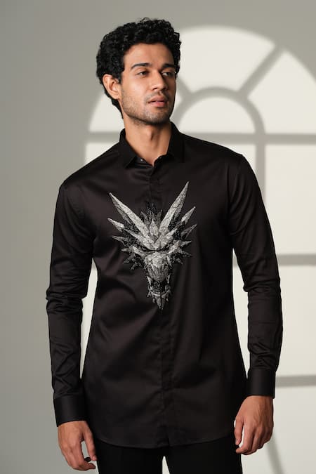Buy Sanjana Reddy Designs Black Cotton Embroidery Monster Placement Shirt Online at Aza Fashions Buy_Sanjana Reddy Designs_Black Cotton Embroidery Monster Placement Shirt _Online_at_Aza_Fashions
