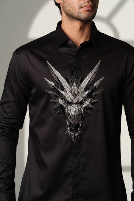 Shop Sanjana Reddy Designs Black Cotton Embroidery Monster Placement Shirt Online at Aza Fashions Shop_Sanjana Reddy Designs_Black Cotton Embroidery Monster Placement Shirt _Online_at_Aza_Fashions