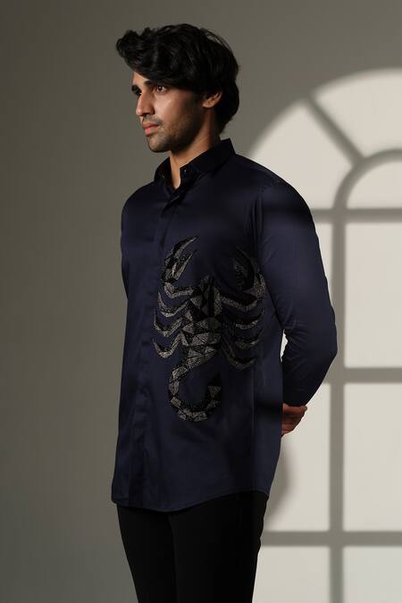 Sanjana Reddy Designs_Blue Cotton Embroidery Scorpion Shirt _Online_at_Aza_Fashions