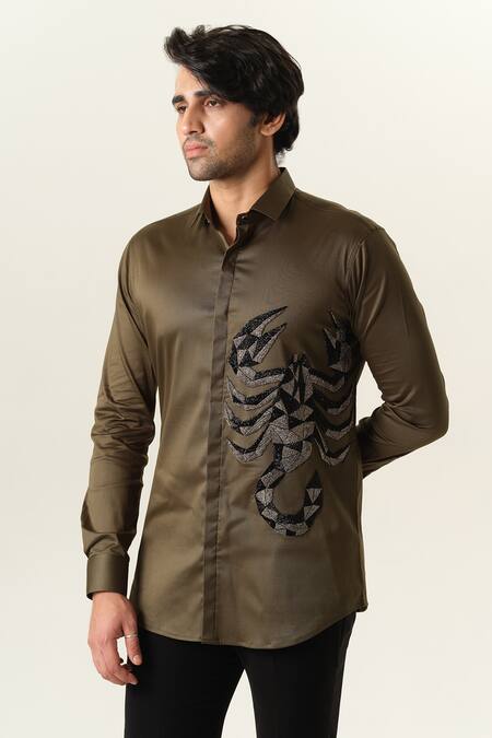 Sanjana Reddy Designs_Olive Green Cotton Embroidery Scorpion Shirt _Online_at_Aza_Fashions