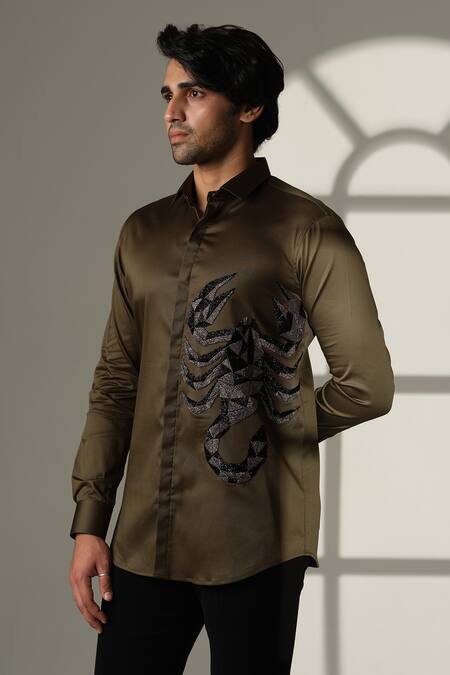 Buy_Sanjana Reddy Designs_Olive Green Cotton Embroidery Scorpion Shirt _Online_at_Aza_Fashions