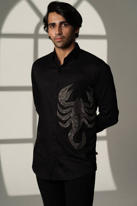 Sanjana Reddy Designs_Black Cotton Embroidery Scorpion Placement Shirt _Online_at_Aza_Fashions