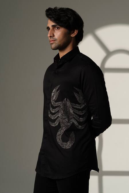 Buy_Sanjana Reddy Designs_Black Cotton Embroidery Scorpion Placement Shirt _Online_at_Aza_Fashions