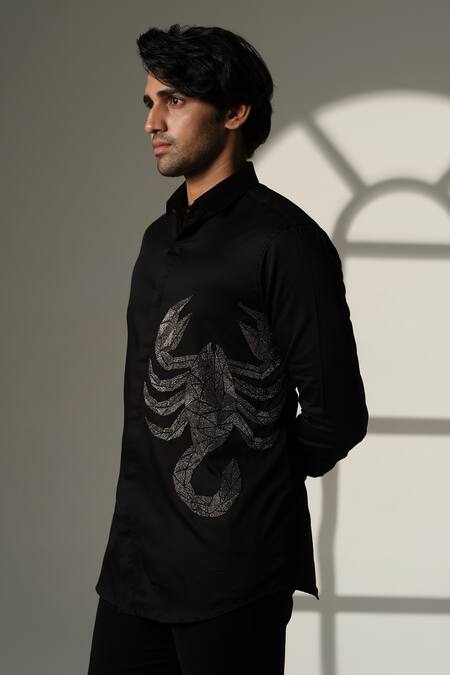 Shop_Sanjana Reddy Designs_Black Cotton Embroidery Scorpion Placement Shirt _Online_at_Aza_Fashions