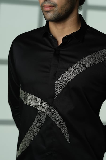 Sanjana Reddy Designs_Black Cotton Embroidery Placement Shirt _Online_at_Aza_Fashions