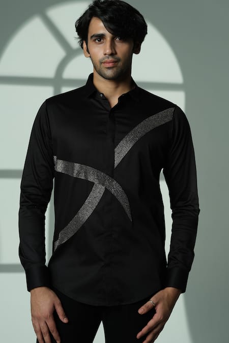 Buy_Sanjana Reddy Designs_Black Cotton Embroidery Placement Shirt _Online_at_Aza_Fashions
