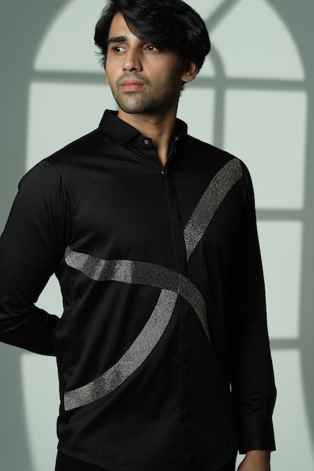 Shop_Sanjana Reddy Designs_Black Cotton Embroidery Placement Shirt _Online_at_Aza_Fashions
