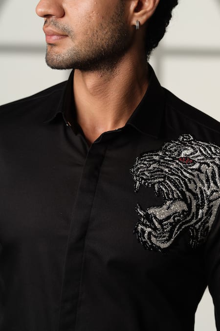 Sanjana Reddy Designs_Black Cotton Embroidery, Beads Tiger Placement Shirt _Online_at_Aza_Fashions