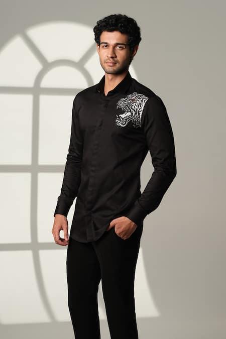 Buy_Sanjana Reddy Designs_Black Cotton Embroidery, Beads Tiger Placement Shirt _Online_at_Aza_Fashions