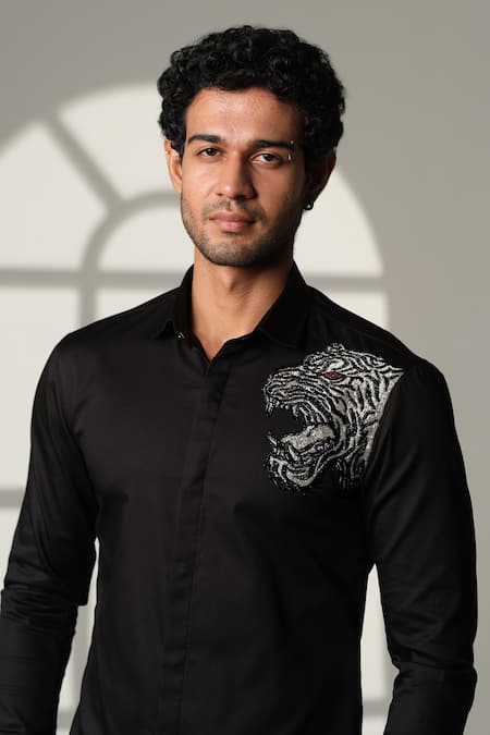 Shop_Sanjana Reddy Designs_Black Cotton Embroidery, Beads Tiger Placement Shirt _Online_at_Aza_Fashions
