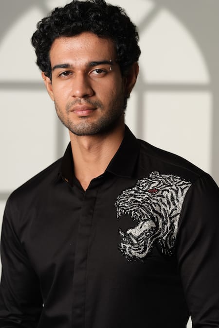 Sanjana Reddy Designs_Black Cotton Embroidery, Beads Tiger Placement Shirt _at_Aza_Fashions