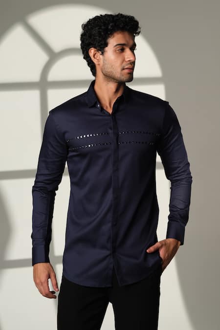 Sanjana Reddy Designs_Navy Cotton Embroidery Arrow Placement Shirt _Online_at_Aza_Fashions