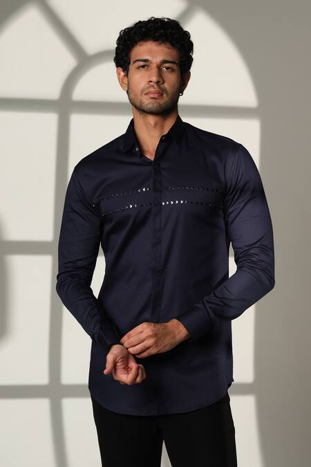 Buy_Sanjana Reddy Designs_Navy Cotton Embroidery Arrow Placement Shirt _Online_at_Aza_Fashions