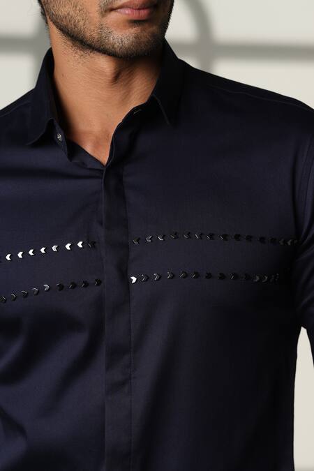 Shop_Sanjana Reddy Designs_Navy Cotton Embroidery Arrow Placement Shirt _Online_at_Aza_Fashions