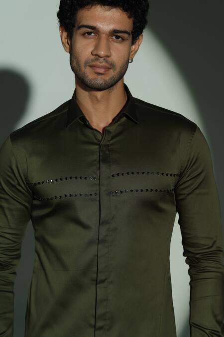 Sanjana Reddy Designs_Green Cotton Embroidery Parallel Line Placement Shirt _Online_at_Aza_Fashions