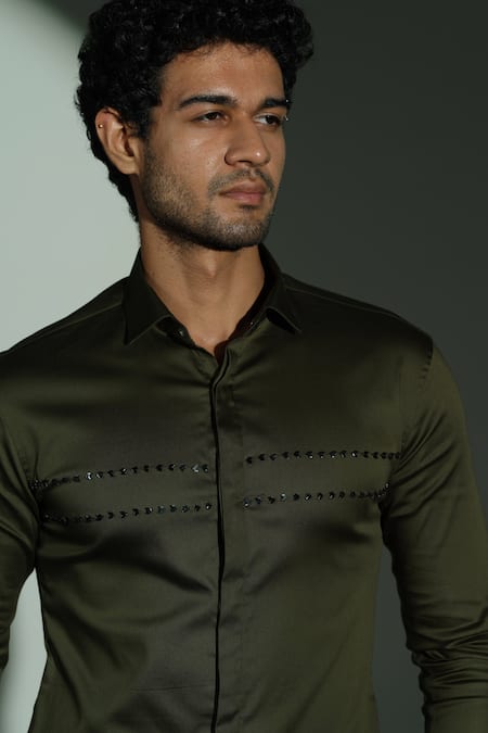 Buy_Sanjana Reddy Designs_Green Cotton Embroidery Parallel Line Placement Shirt _Online_at_Aza_Fashions